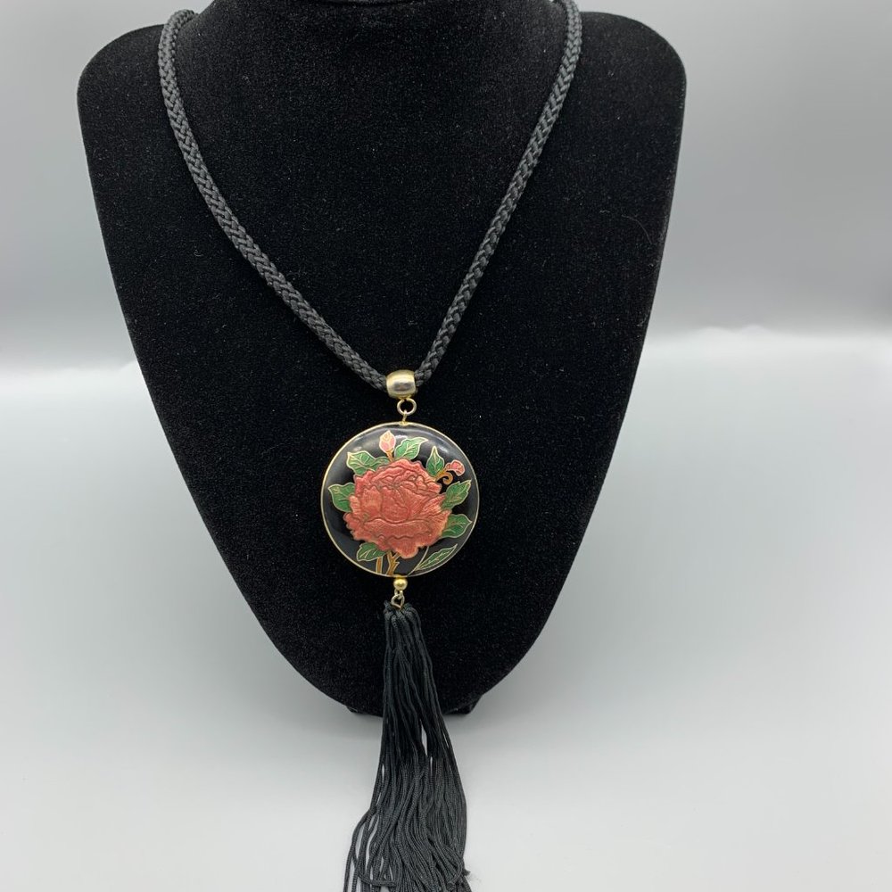 Beautiful Black Corded Necklace with Pink Rose Pendant